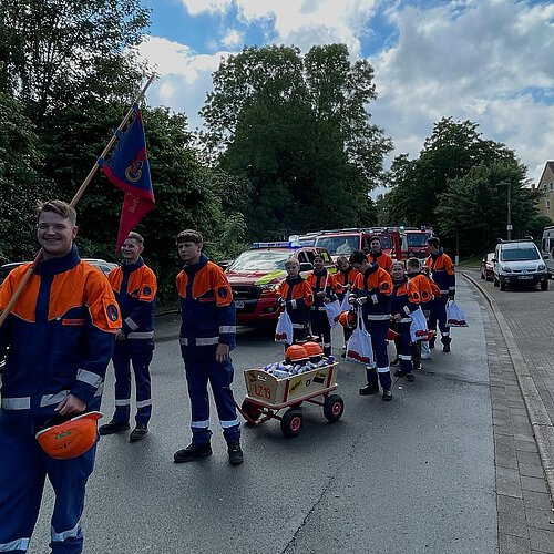 Photo shared by FF Dortmund-Lütgendortmund on May 25, 2025 tagging @jf19_dortmund. May be an image of 9 people, segway, wagon, buggy, flag, road and text.